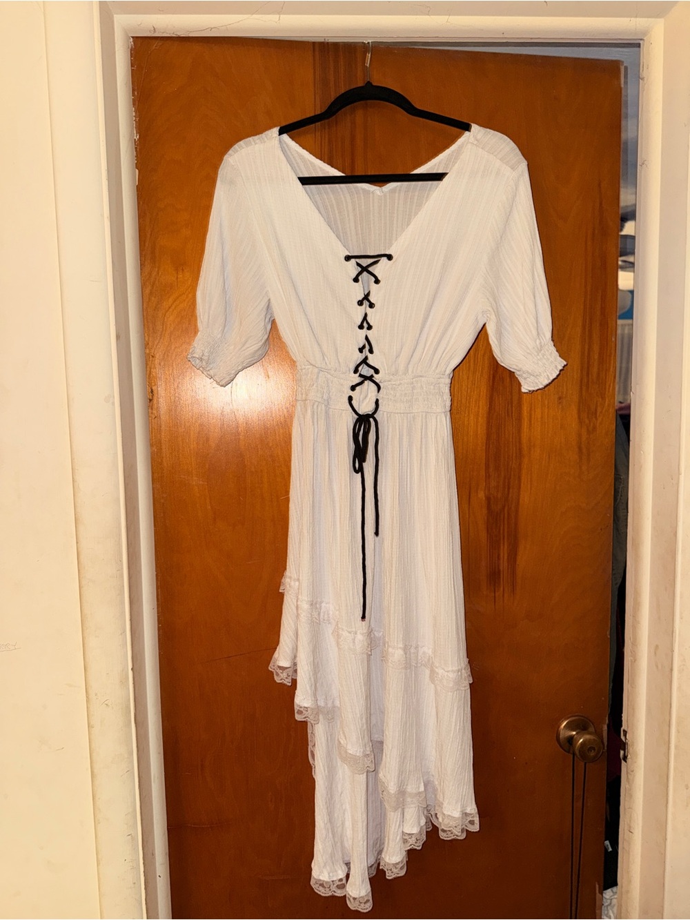 White High Low Versatile Peasant Dress w/ Black Lace Up Corset Size Medium